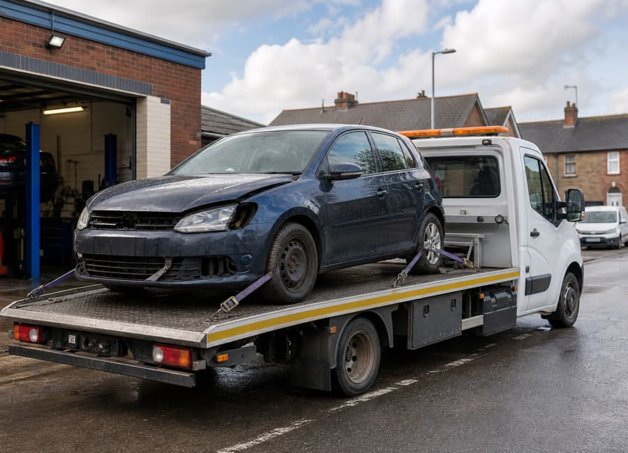 Non runner vehicle loaded on recovery truck