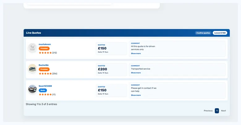 Live quotes table showing transporter prices, comments and active quote count