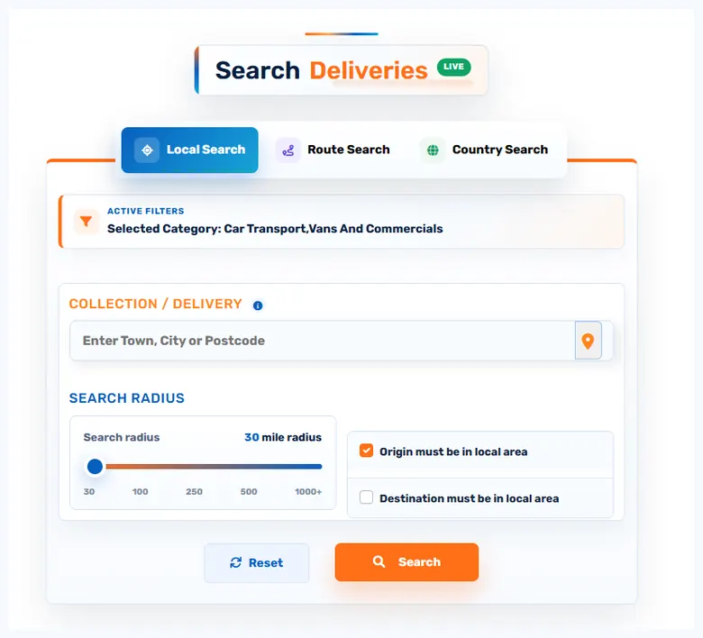 DeliverMyMotor live job search interface with local, route and country search tabs