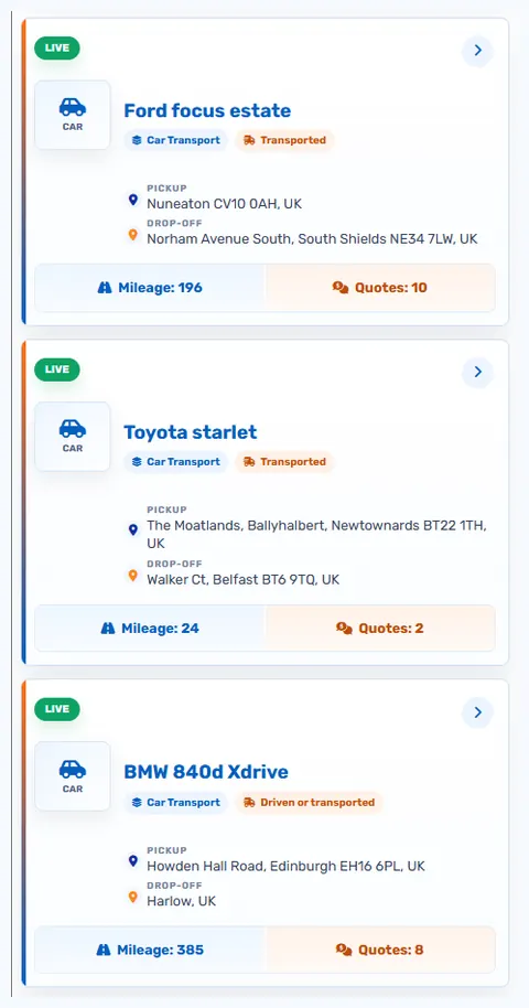 DeliverMyMotor mobile job cards showing route, mileage and quote counts