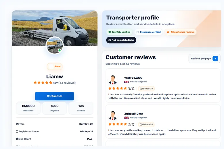 Transporter profile page with reviews, verification and completed job signals