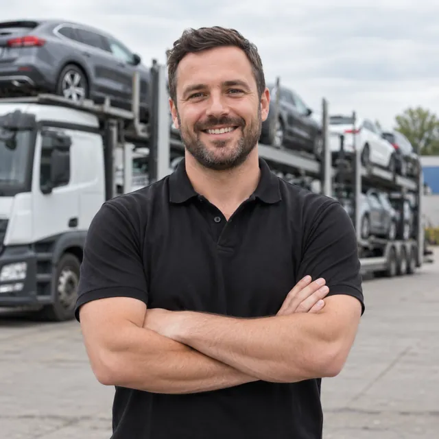 Smiling man standing in front of a loaded car transporter
