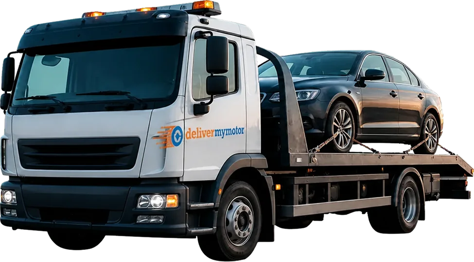 Car transporter carrying a vehicle for delivery