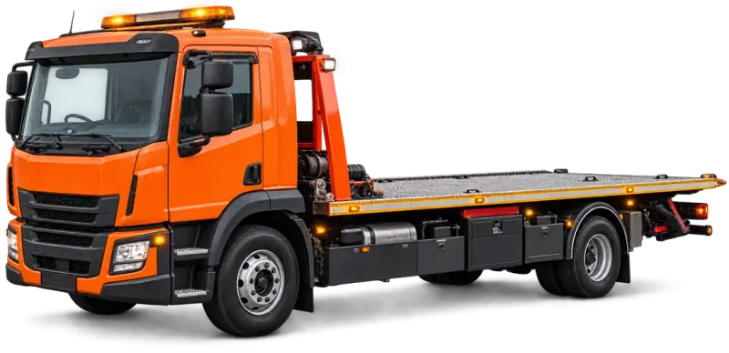 Orange recovery lorry with an empty vehicle transport flatbed